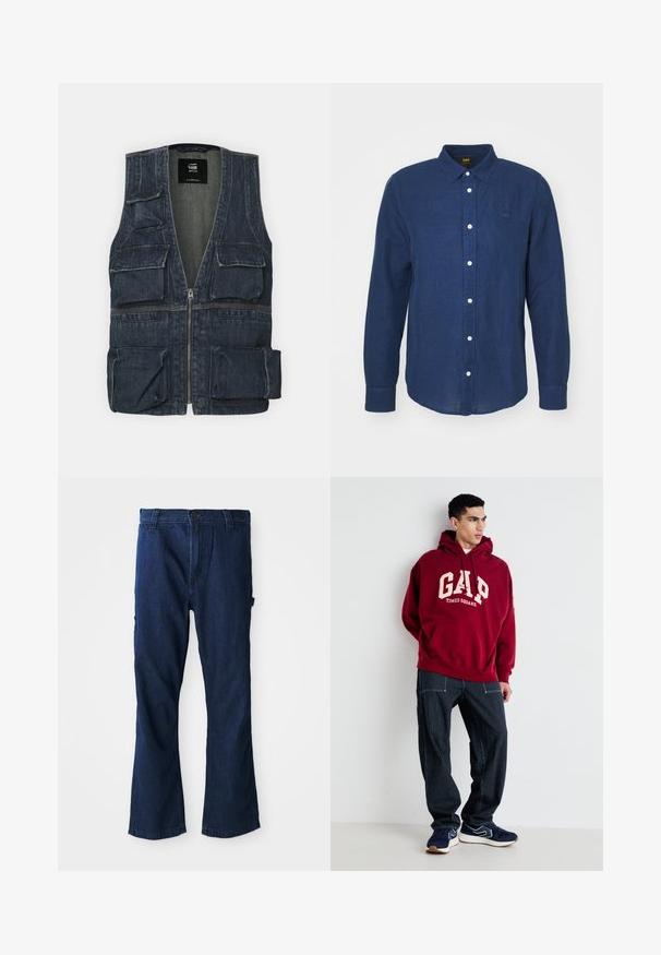 Jeansweste mit mehreren Fronttaschen, einem Reißverschluss und einem V-Ausschnitt. Die Farbe ist dunkelblau mit einer leichten Textur.; Dunkelblaues Langarmhemd mit Button-Down-Kragen, weißen Knöpfen und dezentem gesticktem Logo auf der Brust. Weiches Material, gerade Schnittform.; Blaue Jeans aus Denim mit geradem Bein, Knopfverschluss und zwei seitlichen Taschen sowie einem leicht verwaschenen Finish.; Bordeauxfarbener Kapuzenpullover mit "GAP" und "TIMES SQUARE" in Creme aufgedruckt, kombiniert mit navyblauen gestreiften Hosen und navyblauen Sneakern mit weißen Akzenten.
