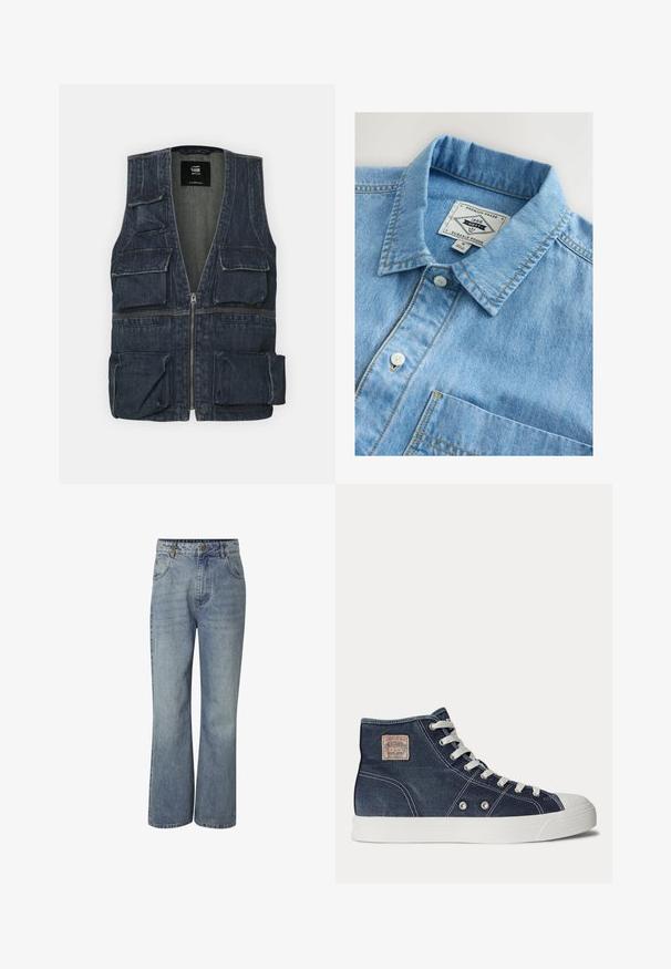 Denimvest med flere frontlommer, lynlås lukning og V-halsdesign. Farven er mørkeblå med en let tekstur.; Lyseblå denimskjorte med en krave med knapper, frontlomme og hvide knaplukninger. Har gul syning som accent.; Højtaljede blå denimjeans med vide ben, knaplukning foran, bæltestropper og lommer foran og bagpå.; Marineblå højtop-sneaker med hvide snørebånd, hvid gummisål, metaløjer og et lille beige mærke på ankelen.