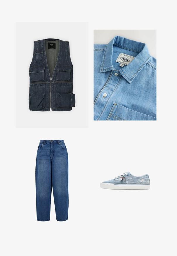 Jeansweste mit mehreren Fronttaschen, einem Reißverschluss und einem V-Ausschnitt. Die Farbe ist dunkelblau mit einer leichten Textur.; Hellblaues Denimhemd mit Knopfkragen, Brusttasche und weißen Knöpfen. Mit gelben Zierstichen als Akzent.; Hoch taillierte, gerade geschnittene Jeans aus mittelblauem Denim. Mit Fünf-Taschen-Design, Metallknopfverschluss und doppelt genähtem Saum.; Niedriger Sneaker aus hellblauem Denim mit weißer Gummisohle, weißen Schnürsenkeln und dekorativen Anhängern, die an den seitlichen Ösen hängen.