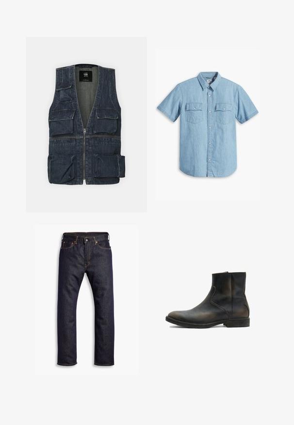 Jeansweste mit mehreren Fronttaschen, einem Reißverschluss und einem V-Ausschnitt. Die Farbe ist dunkelblau mit einer leichten Textur.; Himmelblaues kurzärmliges Hemd mit Knopfleiste aus Denim, ausgestattet mit zwei Brusttaschen mit vertikaler Naht und klassischem Kragen.; Dunkelblaue gerade geschnittene Jeans aus Denim mit fünf Taschen und orangefarbenen Kontrastnähten, flach auf einem weißen Hintergrund ausgelegt.; AllSaints LANG - Stiefelette - brown