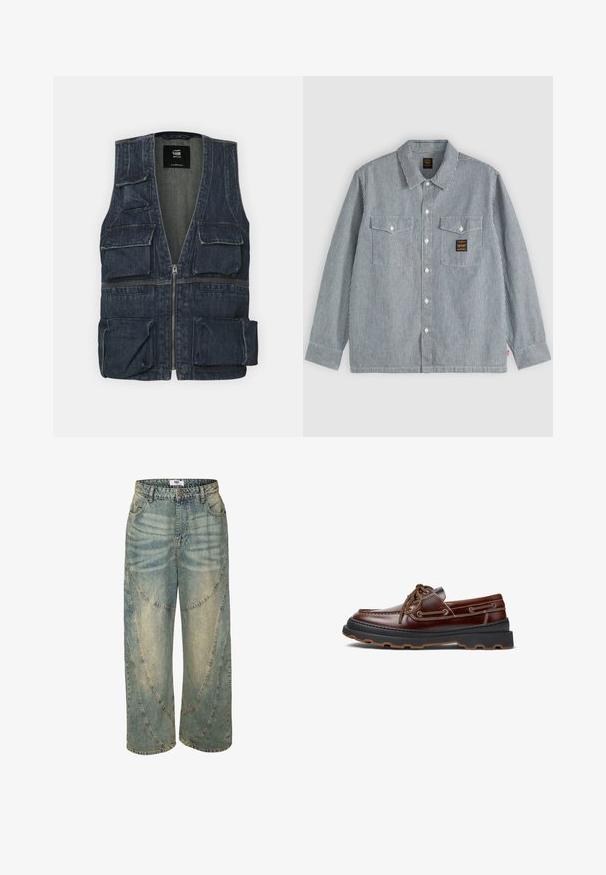 Denimvest med flere frontlommer, lynlås lukning og V-halsdesign. Farven er mørkeblå med en let tekstur.; Langærmet skjorte med knapper og tynde lodrette sorte og hvide striber, to forlommer med klapper og et lille sort mærke på højre lomme.; Lyseblå vide jeans med høj talje, der har buede sømdetaljer og afsluttede kanter. Lavet af denim med falmede pletter.; Brune læder bådsko med snørebånd og dekorativ syning, udstyret med en tekstureret sort og brun sål til udendørs brug.