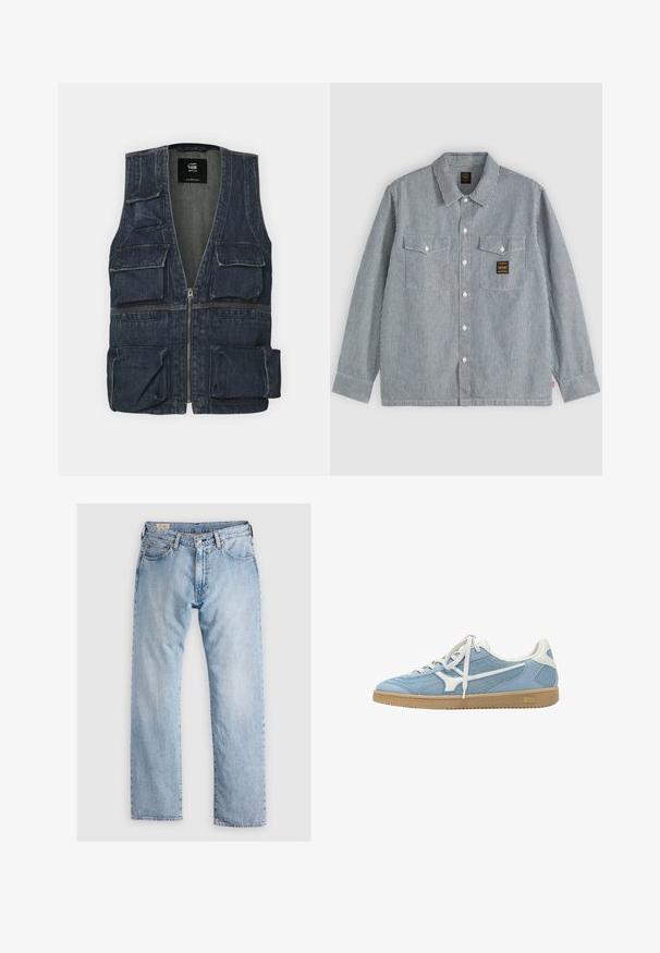Denimvest med flere frontlommer, lynlås lukning og V-halsdesign. Farven er mørkeblå med en let tekstur.; Langærmet skjorte med knapper og tynde lodrette sorte og hvide striber, to forlommer med klapper og et lille sort mærke på højre lomme.; Lyseblå denim jeans med lige pasform, fem-lomme design, diskret slidmærker og kontrastsyning. Knap- og lynlåslukning.; Lyseblå og hvide lave sneakers med mesh og ruskindsoverdel, hvide snørebånd og gummisål.