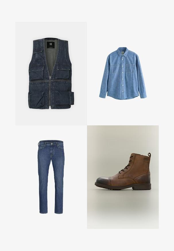 Denimvest med flere frontlommer, lynlås lukning og V-halsdesign. Farven er mørkeblå med en let tekstur.; Langærmet blå chambray-skjorte med knaplukning foran og to brystlommer, lagt fladt på en hvid baggrund.; Herre blå denim jeans med lige ben-design, fem lommers styling og klassisk knap- og lynlåslukning.; Brun læderstøvle med snørebånd, sort tåhætte, rund sål og mærket detalje på siden mod ensfarvet baggrund.