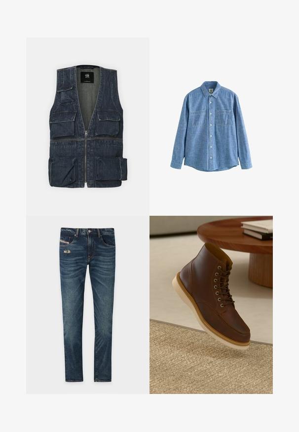 Chaleco de mezclilla con múltiples bolsillos frontales, cierre de cremallera y diseño de escote en V. Color azul oscuro con una ligera textura.; Camisa azul de chambray de manga larga con botones al frente y dos bolsillos en el pecho, desplegada sobre un fondo blanco.; Jeans de denim azul oscuro con un acabado ligeramente deslavado, que presentan un detalle desgate en la parte frontal y cinco bolsillos, incluyendo un pequeño bolsillo para monedas.; Botín de cuero marrón con suela beige sobre una alfombra beige texturizada al lado de una mesa redonda de madera con libros apilados.