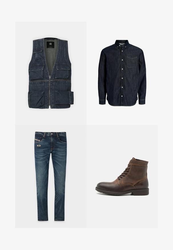 Chaleco de mezclilla con múltiples bolsillos frontales, cierre de cremallera y diseño de escote en V. Color azul oscuro con una ligera textura.; Camisa de manga larga de denim azul oscuro con cuello abotonado, botones delanteros y un único bolsillo en el pecho con costuras en contraste.; Jeans de denim azul oscuro con un acabado ligeramente deslavado, que presentan un detalle desgate en la parte frontal y cinco bolsillos, incluyendo un pequeño bolsillo para monedas.; Jack & Jones JFWDELANEY BOOT - Botines con cordones - cognac