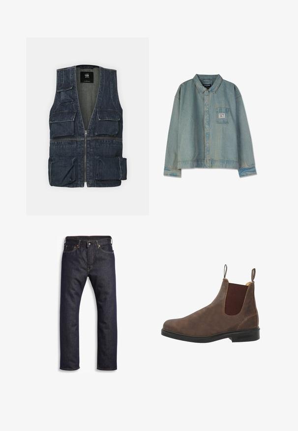Denim jas met meerdere voorkruipzakken, een ritssluiting en een V-hals ontwerp. Kleur is donkerblauw met een lichte textuur.; Lichtblauwe spijkerjacket met een puntige kraag, lange mouwen, borstzak en zichtbare stiksels; relaxte pasvorm en versleten textuur.; Donkerblauwe denim jeans met rechte snit, vijf zakken, metalen hardware en contrasterende oranje stiksels. Glad oppervlak, geen zichtbare patronen.; Bruine leren enkellaars met elastische zijpanelen, ronde neus en zwarte rubberen zool. Subtiele textuur en stiksels.