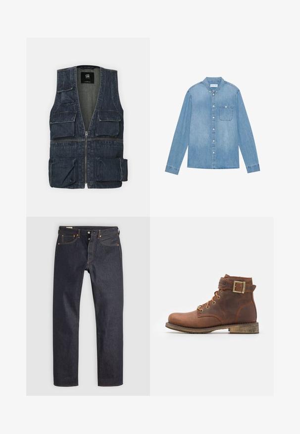 Denimvest med flere frontlommer, lynlås lukning og V-halsdesign. Farven er mørkeblå med en let tekstur.; Lys blå denim skjorte med knapper, lange ærmer, spids krave, en enkelt brystlomme og subtil falmning på stoffet.; Mørkeblå denimjeans med lige ben, prydet med orange syninger og klassisk fem-lomme design. Lukning med knap og lynlås.; Harley Davidson VNTGMOTO SHORT RIDING APPROVED - Cowboy- / bikerstøvlette - brown