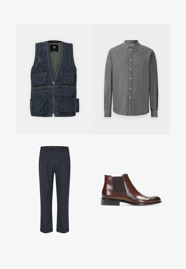 Chaleco de mezclilla con múltiples bolsillos frontales, cierre de cremallera y diseño de escote en V. Color azul oscuro con una ligera textura.; Camisa gris de manga larga con botones, hecha de tejido suave, con un collar clásico, un bolsillo en el pecho y cierre estándar con botones.; Pantalones azul marino fabricados en tejido texturizado, con un diseño de frente plano, cierre de botón y piernas rectas con sutiles patrones de color claro.; Botín de cuero marrón hasta el tobillo con paneles laterales elásticos, un acabado suave, detalles de costura y un tacón rectangular bajo.