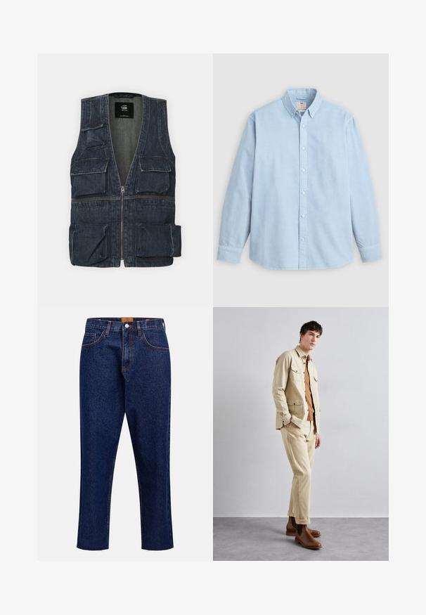Denimvest med flere frontlommer, lynlås lukning og V-halsdesign. Farven er mørkeblå med en let tekstur.; Lyseblå langærmet skjorte med knapper og knaplukket krave samt enkelt brystlomme, lagt fladt på en grå baggrund.; Mørkeblå denimjeans med lige snit, høj talje, fem lommer og frynset kant. Kontrastsyning og detalje med knaplukning.; Beige bomuldsjakke med to brystlommer over en brun skjorte og matchende beige bukser. Brune læder ankelstøvler fuldender outfittet.
