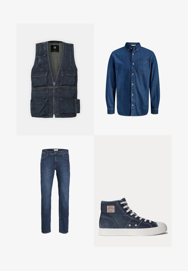 Denim jas met meerdere voorkruipzakken, een ritssluiting en een V-hals ontwerp. Kleur is donkerblauw met een lichte textuur.; Donkerblauw denimoverhemd met lange mouwen, knopen aan de voorkant, spitse kraag, enkele borstzak en klassieke stikdetails.; Donkerblauwe denim jeans met een rechte pijp, een vijf-pocket ontwerp en zichtbare stikseldetails. Klassieke knoop- en ritssluiting.; Marineblauwe hoge sneaker met witte veters, witte rubberen zool, metalen oogjes en een klein beige merklabel op het enkelgebied.
