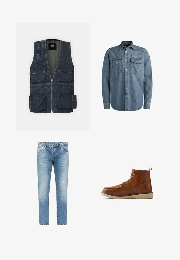 Gilet en jean avec plusieurs poches avant, un zip et un design en V. Couleur bleu foncé avec une légère texture.; Chemise en denim bleu clair à manches longues, fermeture à boutons, deux poches poitrine et un patch embossé. Arbore un design classique de style western.; Jeans en denim bleu clair avec une coupe droite, décoloration au niveau des cuisses et coutures contrastantes. Comprend cinq poches et une fermeture éclair.; Bottine en cuir marron avec un bout rond, semelle en caoutchouc beige et œillets en métal. Présente des détails de couture et une lanière à l'arrière.