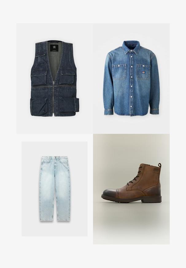 Denim jas met meerdere voorkruipzakken, een ritssluiting en een V-hals ontwerp. Kleur is donkerblauw met een lichte textuur.; Denim overhemd in medium blauw, met een puntige kraag, twee borstzakken en zilveren knopen. Lange mouwen met knoopmanchetten.; Lichtblauwe denim jeans met een losse pasvorm, rechte pijpen, vervaagd textuur, vijf-pocket ontwerp en metalen knoopsluiting bij de taille.; Bruine leren enkellaars met veters, zwarte neuskap, ronde zool en merkdetail aan de zijkant tegen een effen achtergrond.