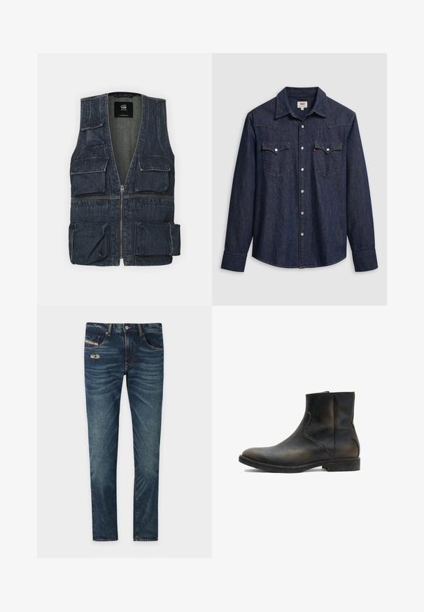Denimvest med flere frontlommer, lynlås lukning og V-halsdesign. Farven er mørkeblå med en let tekstur.; Mørkeblå denimskjorte med spids krave, trykknapper og brystlommer. Har syningsdetaljer og lange ærmer.; Mørkeblå denimjeans med en let slidt finish, prydet med en slidtage detalje foran og fem lommer, herunder en lille møntlomme.; AllSaints LANG - Støvletter - brown