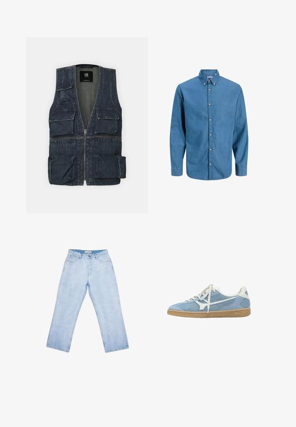 Denim jas met meerdere voorkruipzakken, een ritssluiting en een V-hals ontwerp. Kleur is donkerblauw met een lichte textuur.; Blauw overhemdbloes gemaakt van denim, met een kraag en lange mouwen. Effen textuur met zichtbare knopen aan de voorkant.; Lichtblauwe high-waist jeans met rechte pijpen, voorzakken, riemlussen, knoopsluiting en een gebrand binnenlabel aan de tailleband.; Lichtblauwe en witte lage sneaker met mesh en suède bovenwerk, witte veters en een gum rubberen zool.