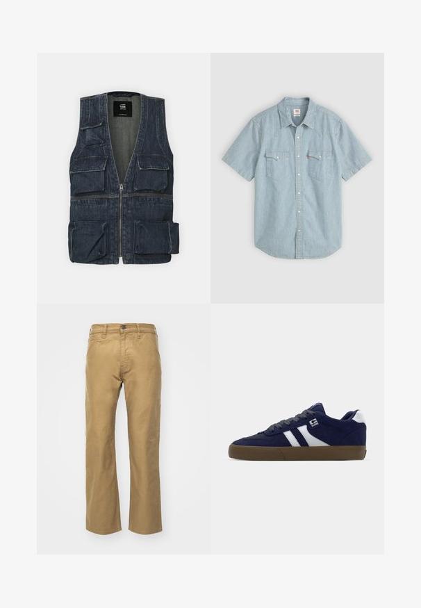 Jeansweste mit mehreren Fronttaschen, einem Reißverschluss und einem V-Ausschnitt. Die Farbe ist dunkelblau mit einer leichten Textur.; Kurzärmeliges Hemd in Hellblau mit weißen Streifen, ausgestattet mit einem traditionellen Kragen, zwei Brusttaschen und Knopfverschluss. Aus Baumwollmaterial.; Khakihosen aus Baumwolle. Gerader Schnitt mit einem Bund und Fronttaschen. Verfügt über eine einzelne Gesäßtasche und subtile Nähdetails.; Navyblaues Wildleder-Sneaker mit weißen Streifen, grauen Schnürsenkeln und einer strukturierten braunen Gummisohle. Verfügt über ein Logo an der Seite und einen gepolsterten Kragen.