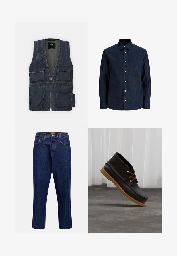 Denimvest med flere frontlommer, lynlås lukning og V-halsdesign. Farven er mørkeblå med en let tekstur.; Mørkeblå denimskjorte med lange ærmer, hvide knapper og spids krave, vist på hvid baggrund.; Mørkeblå denimjeans med lige snit, høj talje, fem lommer og frynset kant. Kontrastsyning og detalje med knaplukning.; Sorte lædersko med en glat overflade, rund tå, brune snørebånd og lysebrune gummisåler. Logo præget på siden.