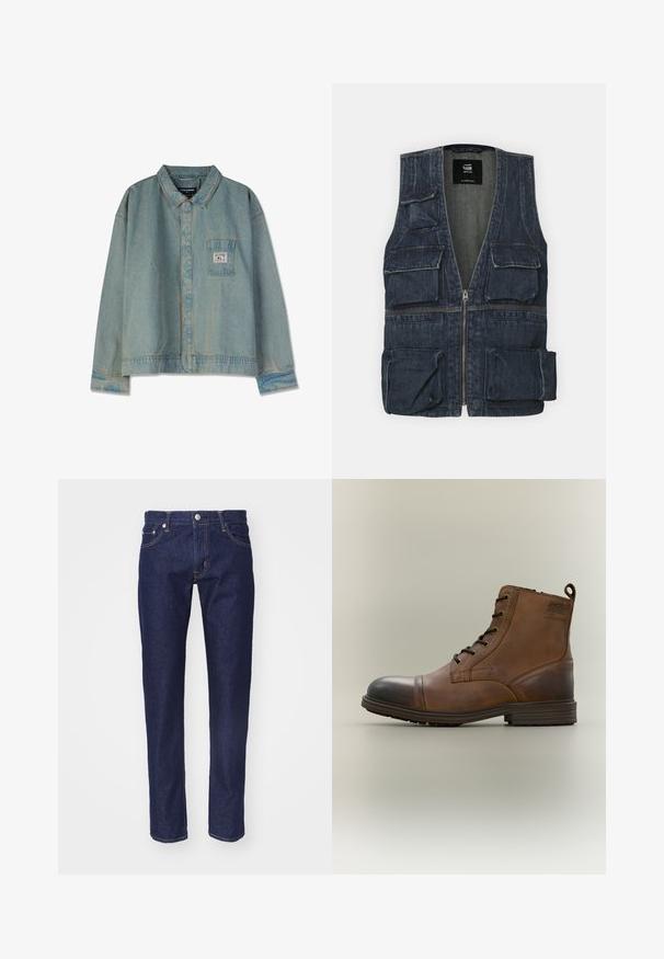 Jeansweste mit mehreren Fronttaschen, einem Reißverschluss und einem V-Ausschnitt. Die Farbe ist dunkelblau mit einer leichten Textur.; Hellblaues Jeansjackett mit spitzem Kragen, langen Ärmeln, Brusttasche und sichtbaren Nähten; lockere Passform und abgenutzte Textur.; Marineblaue Denim-Jeans mit geradem Schnitt, fünf Taschen, kontrastierendem orangenem Nahtdesign und einem silbernen Knopfverschluss an der Taille.; Brauner Leder-Schnürstiefel bis zum Knöchel mit schwarzer Zehenkappe, runder Sohle und Markenlabel an der Seite vor schlichtem Hintergrund.