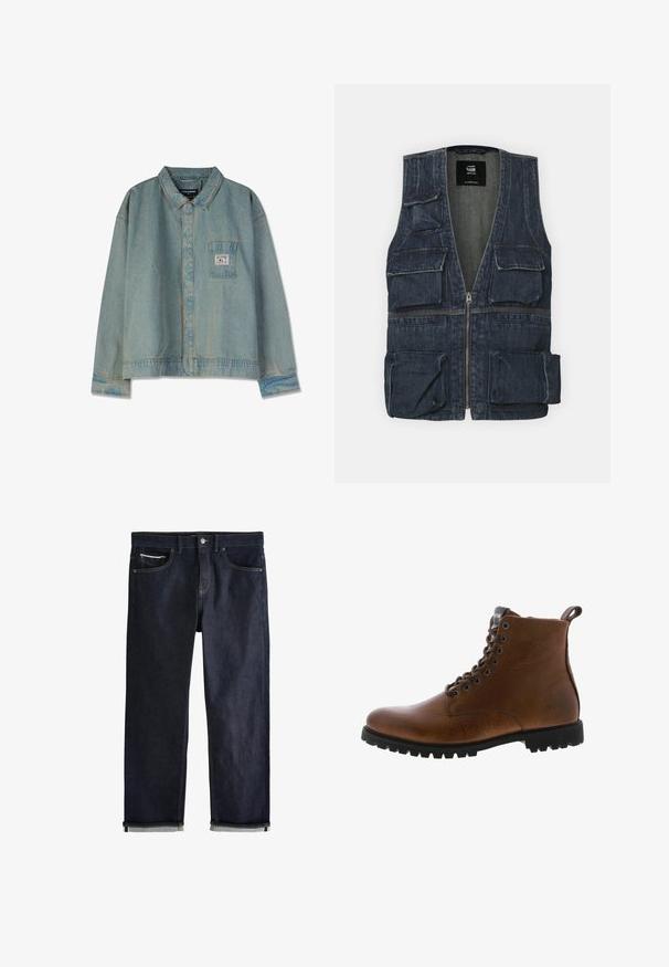 Denimvest med flere frontlommer, lynlås lukning og V-halsdesign. Farven er mørkeblå med en let tekstur.; Lys blå denimjakke med spidse krave, lange ærmer, brystlomme og synlige sømme; afslappet pasform og slidt tekstur.; Mørkeblå denimjeans med opsmøgede manchetter, knap- og lynlåslukning, for- og møntlommer samt kontrastsyning på hvid baggrund.; Brune læder ankelstøvler med tekstureret overflade, metaløjer og sort gummisål. Har en træktab bagpå for nem påtagning.