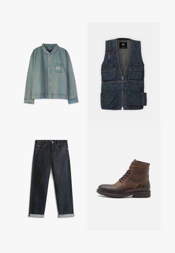 Denimvest med flere frontlommer, lynlås lukning og V-halsdesign. Farven er mørkeblå med en let tekstur.; Lys blå denimjakke med spidse krave, lange ærmer, brystlomme og synlige sømme; afslappet pasform og slidt tekstur.; Mørkeblå denimjeans med opsmøgede bukseben, fem lommer og kontrastsyning, lagt fladt på en hvid baggrund.; Jack & Jones JFWDELANEY BOOT - Snørestøvletter - cognac
