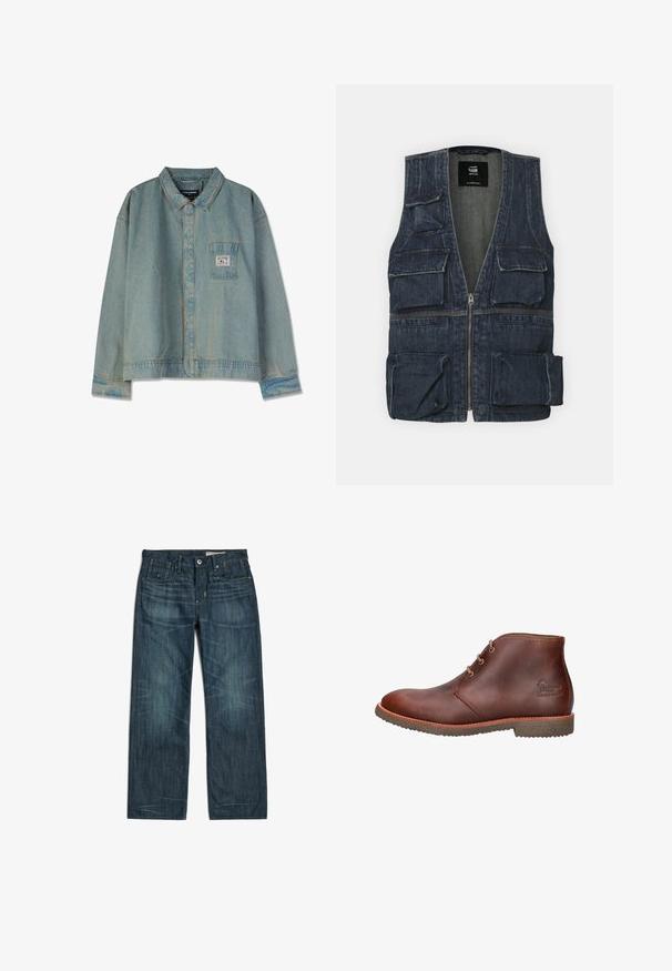 Denim jas met meerdere voorkruipzakken, een ritssluiting en een V-hals ontwerp. Kleur is donkerblauw met een lichte textuur.; Lichtblauwe spijkerjacket met een puntige kraag, lange mouwen, borstzak en zichtbare stiksels; relaxte pasvorm en versleten textuur.; Donkerblauwe jeans met rechte pijpen, vooraan knoop- en ritssluiting, vijf zakken en subtiele vervaagde plooien op dijen en knieën.; Bruine leren enkellaars met drie oogjes voor veters, rubberen zool en een reliëflogo aan de zijkant.