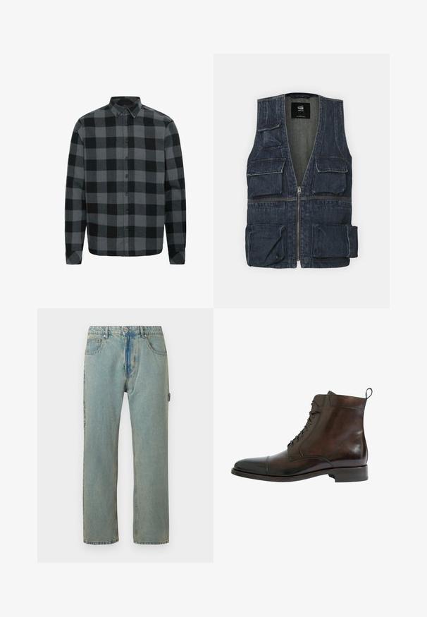 Gilet en jean avec plusieurs poches avant, un zip et un design en V. Couleur bleu foncé avec une légère texture.; Chemise en flanelle à carreaux gris et noirs avec des manches longues, un col boutonné et des boutons sur le devant. Texture douce avec une coupe décontractée.; Jean en denim bleu clair, coupe ample, avec cinq poches, une fermeture à bouton et des coutures visibles. Le tissu présente une apparence texturée et décolorée.; Bottines en cuir brun avec une finition lisse, bout rond, design à lacets et un léger talon. Présente une languette à l'arrière.