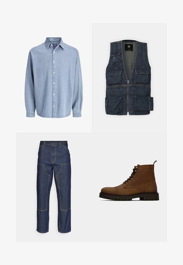 Chaleco de mezclilla con múltiples bolsillos frontales, cierre de cremallera y diseño de escote en V. Color azul oscuro con una ligera textura.; Camisa de mezclilla de manga larga color azul claro con cuello y botones blancos, presentada sobre un fondo blanco liso.; Jeans de mezclilla azul oscuro con cintura alta, diseño de pierna recta, costuras contrastantes y bolsillos de parche en la parte delantera.; Botín de cuero marrón con cordones, pernas cortas y suela negra gruesa con relieve, con una pestaña de agarre, sobre un fondo blanco.