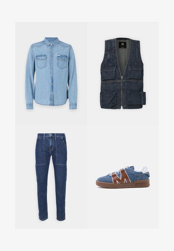 Chaleco de mezclilla con múltiples bolsillos frontales, cierre de cremallera y diseño de escote en V. Color azul oscuro con una ligera textura.; Camisa de mezclilla azul claro con mangas largas, cuello puntiagudo y cierre de botones a presión. Cuenta con dos bolsillos en el pecho con solapas. Corte recto.; Jeans de denim azul oscuro con un corte recto, costura visible, dos bolsillos frontales y una cremallera. La tela tiene una textura suave.; Zapatilla deportiva de mezclilla azul con correas de cuero marrón en forma de M, cordones blancos, lengüeta blanca en el talón y suela de goma marrón vista de lado.