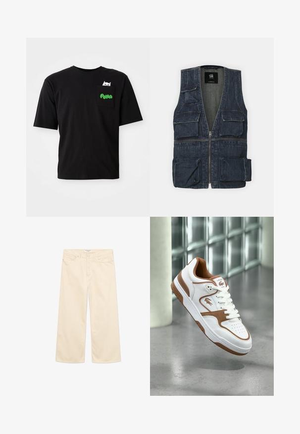 Jeansweste mit mehreren Fronttaschen, einem Reißverschluss und einem V-Ausschnitt. Die Farbe ist dunkelblau mit einer leichten Textur.; Schwarzes Baumwoll-T-Shirt mit kurzen Ärmeln, ausgestattet mit einer Tasche, die eine Katzengrafik und grünen "PUMA"-Text zeigt. Lässiger Schnitt und glatte Textur.; Cremefarbene Jeans mit weitem Bein aus Baumwolle, mit Taschen vorne, einem Knopfverschluss und minimalen Steppnähten. Vorderansicht vor weißem Hintergrund.; Weißer und brauner Lacoste-Sneaker mit Schnürsenkeln, Logo und Perforationen, schwebend über einem polierten Betonboden in der Nähe von Glasbausteinen.