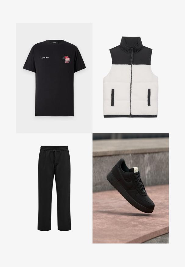 Polsterdatud vest, millel on must ruuduline ülemine osa ja valgest fliisist alumine osa, kõrge kaelusega, esine tõmblukk ja kaks külgtaskut.; Replay SHORT SLEEVE GRAPHIC - Trükipildiga T-särk - black; Mustad vabaajapüksid elastse vöökoha ja nööriga, sirgete säärtega ja eesmiste voldidega.; Must Nike Air Force 1 toss üle roosa betoonist ääre halli kivise taustaga, näidates külgi ja pealmisi detaile.