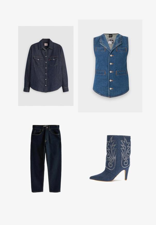 Gilet en denim avec un col, fermeture à cinq boutons et deux poches avant. Présente des coutures orange contrastantes sur un tissu bleu.; Chemise en denim bleu foncé à manches longues, avec un devant à boutons, deux poches poitrine avec rabats et des coutures jaunes contrastantes.; Jeans en denim bleu foncé avec une coupe droite, cinq poches et des coutures dorées contrastantes. Dotés d'un bouton à l'avant et d'une fermeture éclair.; Bottine en denim avec un bout pointu, un design incurvé, des coutures décoratives argentées et un talon aiguille de 8 cm. Bleu foncé avec une finition texturée.