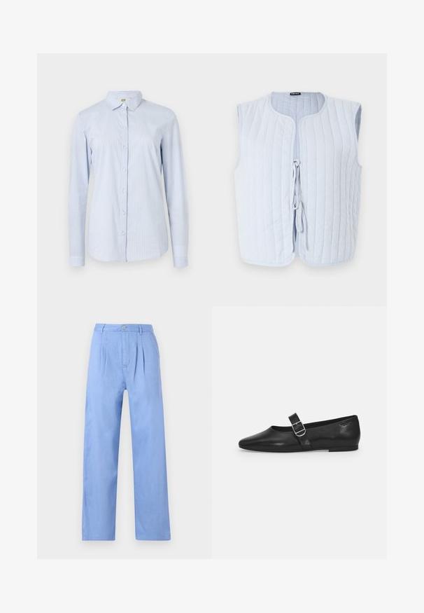 Gilet matelassé bleu clair avec un col rond, sans manches et une fermeture à nouer à l'avant. Le tissu présente des lignes matelassées verticales.; Chemise à manches longues rayée bleu et blanche en coton léger. Équipée d'un col, d'une boutonnière à l'avant et d'une silhouette ajustée avec des manches à poignets.; Pantalons en lin bleu clair avec une finition plissée à l'avant, taille haute et coupe droite. Présente une fermeture à bouton à la taille.; Chaussure plate en cuir noir avec un bout arrondi, une seule sangle réglable à boucle et une texture lisse et brillante. Design minimaliste avec un petit talon.