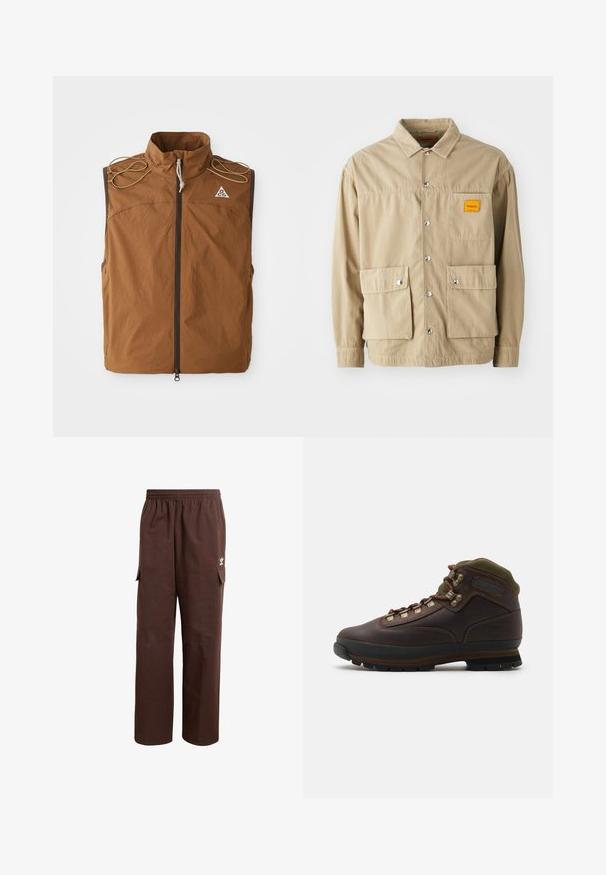 Chaleco marrón con cuello alto, cremallera frontal y lazos en los hombros. Fabricado en tela ligera, con un logo en la parte superior izquierda.; Replay Inc. SHIRT - Camisa - khaki; Pantalones cargo marrones con un corte relajado, cintura elástica, bolsillos laterales y una textura vertical sutil. Presentan un logo blanco en la parte delantera.; Bota de senderismo de piel marrón con cuello de tela verde. Presenta ganchos metálicos para los cordones, suela de goma y un diseño texturizado en la suela para mayor tracción.