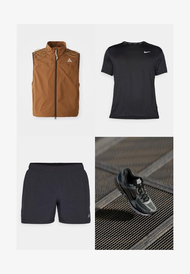 Brun vest med høj krave, frontlynlås og skulderbånd. Fremstillet af letvægtsstof, med et logo på den øverste venstre side.; Sort atletisk T-shirt med korte ærmer, rund hals, åndbart stof, diskret mønster af hævede prikker og et lille hvidt Nike-logo på brystet.; Sorte træningsshorts med elastisk talje, letvægtsstof og et diskret logo nederst til venstre. Glat tekstur.; Nike Vomero 5 sneakers har et gråt mesh- og syntetisk overlæg, sorte accenter, polstret krave og en dæmpet sål for komfort.