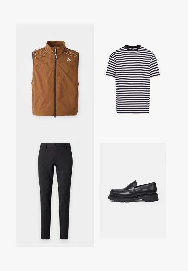 Gilet marron avec col montant, fermeture éclair à l'avant et liens d'épaule. Fabriqué en tissu léger, avec un logo sur le côté supérieur gauche.; T-shirt à manches courtes à rayures noires et blanches, avec un col noir, étiqueté Urban Classics, taille moyenne.; Pantalons à rayures noires avec une coupe plate, ajustée, dotés d'une fermeture boutonnée et de passants de ceinture, fabriqués dans un matériau textile lisse.; Mocassin en cuir noir avec semelle épaisse crantée et détail de bride penny, présenté en profil droit sur fond blanc.