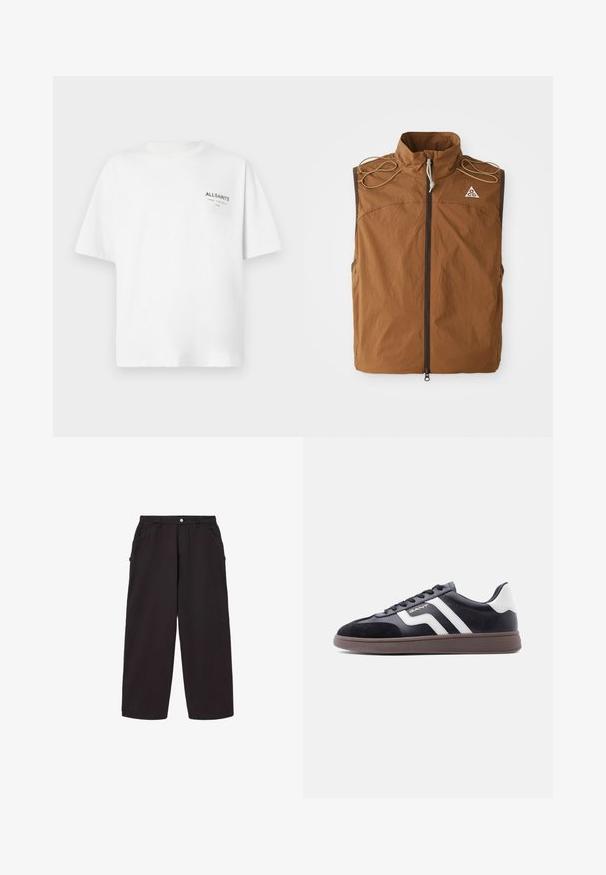 Brun vest med høj krave, frontlynlås og skulderbånd. Fremstillet af letvægtsstof, med et logo på den øverste venstre side.; Hvid kortærmet bomulds T-shirt med lille sort "ALLSAINTS" tekst og japanske tegn trykt på venstre bryst.; Sorte bukser med vide ben, forlommer, bæltestropper og knaplukning i taljen.; Sorte sneakers med ruskind og syntetisk materiale, hvide diagonale striber og en brun tekstureret sål. Har snøredesign og polstret krave.