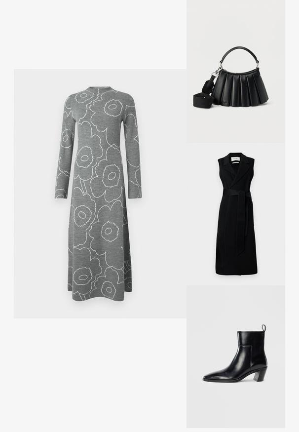 Čierne bezrukávové šaty s prekladaným strihom, vyrobené z hladkej tkaniny, s opaskom v páse, širokými klopami a dvoma bočnými vreckami. Jednoduchý, elegantný dizajn.; Šedé midi šaty s dlhým rukávom so vzorom veľkých kvetov s bielym obrysom a vysokým zaobleným výstrihom na jednofarebnom pozadí.; Čierna kožená členková čižma s špicatou špičkou, geometricky tvarovaným podpätkom a pútkom na zadnej strane. Hladká textura a elegantný dizajn.; Čierna plisovaná kožená kabelka s krátkou rúčkou a odnímateľným širokým látkovým ramenným popruhom na bielom pozadí.