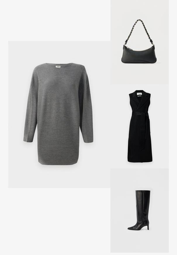 Vestido negro sin mangas con estilo envolvente, hecho de tela suave, que presenta una cintura ceñida con cinturón, amplios solapas y dos bolsillos laterales. Diseño simple y elegante.; Suéter de punto gris de corte holgado y manga larga, con cuello redondo y dobladillo recto, presentado sobre un fondo blanco.; Botas negras hasta la rodilla hechas de cuero suave, con punta puntiaguda y tacón delgado, con caña ajustada y diseño minimalista.; Bolso de hombro de cuero negro con forma rectangular curvada, cadena dorada entrelazada en una correa negra trenzada y cierre superior con cremallera.
