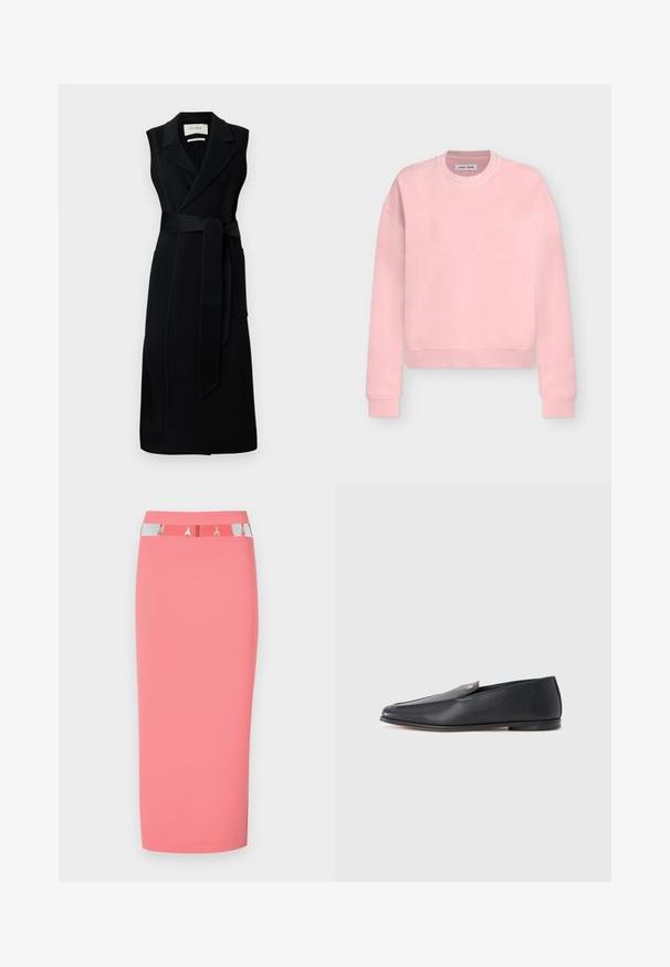 Must mustringu särk, mis on valmistatud siledast kangast, rihmaga talje, laiad kraed ja kaks küljetaskut. Lihtne, elegantne disain.; Hele roosa pikkade varrukatega ümara kaelusega sviiter soonikkoes mansettide ja alumise äärega, laotatud heledal hallil taustal.; Roosa paberkleit, mis on valmistatud venivast kangast, hõbedase ja musta vöökohtadega, metalliliste aktsentidega ning stiilse, saleda lõikega.; Mustad nahast loafersid, millel on sile tekstuur, ümar ninaga ja õrnad õmbluse detailid. Ülaosas on kuldne logo-aksent.