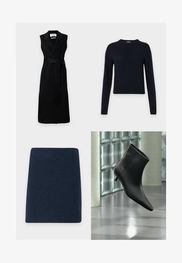 Sort ærmeløs indpakningskjole lavet af glat stof, med bælte i taljen, brede revers og to sidelommer. Enkel, elegant design.; Mørkeblå pullover sweater lavet af et blødt strikket stof; med rund hals, lange ærmer og ribbede manchetter og kant.; Marine uld mini nederdel med en lige form, flade sømme og en glat tekstur. Ingen synlige mønstre eller udsmykninger.; Sort læderankelstøvle med spids tå og lav kitten-hæ, vist vinklet mod en poleret gulv- og glasblokvæg.