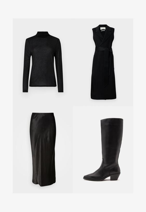 Sort ærmeløs indpakningskjole lavet af glat stof, med bælte i taljen, brede revers og to sidelommer. Enkel, elegant design.; Sort langærmet turtleneck top lavet af et glat, let stof. Har en tætsiddende pasform med en høj halsudskæring og uden mønster.; Sorte satin nederdel med en glat tekstur. Gulvlængde design med en tætsiddende talje og en let flare ved kanten. Ingen synlige mønstre eller metaldele.; Sort læderstøvle til midtkalv med spids tå og lavt skråt hæl på en enkel lys baggrund.