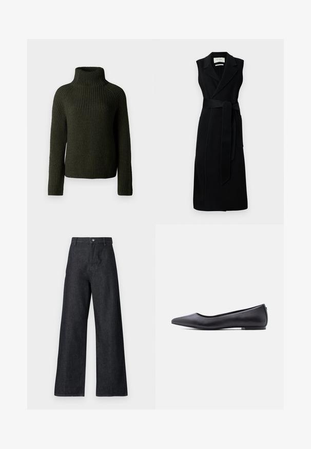 Robe noire sans manches en tissu lisse, dotée d'une taille ceinturée, de larges revers et de deux poches latérales. Design simple et élégant.; Pull à col roulé côtelé vert foncé avec des manches longues et une coupe décontractée. Fabriqué en matière tricotée texturée, offrant chaleur et confort.; Pantalons en denim à jambes larges de couleur bleu foncé. Comprend une taille haute, une fermeture éclair avec un bouton, et une texture lisse avec des détails de couture minimaux.; Chaussure plate en cuir noire à bout pointu avec petit talon, vue de profil sur fond blanc.