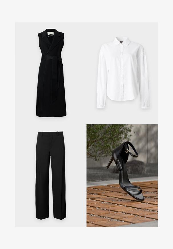 Robe noire sans manches en tissu lisse, dotée d'une taille ceinturée, de larges revers et de deux poches latérales. Design simple et élégant.; Chemise blanche à manches longues avec col, boutonnage devant et poignets froncés. Fabriquée en tissu doux et léger avec une texture lisse.; Pantalon noir à jambes larges en tissu tissé lisse. Possède un devant plat, des passants de ceinture et des poches latérales pour un look ajusté.; Sandale noire à talon haut avec sangle à la cheville, suspendue au-dessus d'un sol en carreaux de bois à l'extérieur, avec un arrière-plan flou de verdure et de pierre.
