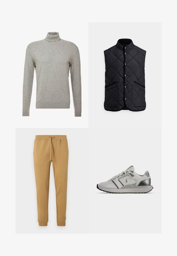 Veste matelassée noire avec col montant, fermetures à pression, deux poches latérales et une texture douce. Le design est sans manches et léger.; Pull over gris avec un col haut et des manches longues. Fabriqué à partir d'un matériau lisse et doux, il possède une coupe ajustée et des accents côtelés au niveau de l'ourlet.; Pantalon de survêtement beige fuselé avec taille élastique et cordon de serrage, chevilles resserrées, présenté sur fond blanc.; Baskets basses blanches et grises avec panneaux en mesh et cuir, logo noir sur le côté, semelle grise et semelle extérieure en caoutchouc noir.
