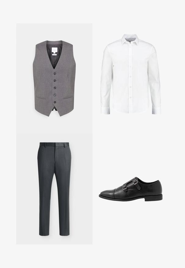 Gilet gris avec décolleté en V, devant à six boutons, deux poches latérales et une texture lisse. Intérieur doublé avec une étiquette affichant le nom de la marque.; Chemise blanche à manches longues à boutons, fabriquée en coton lisse. Dotée d'un col classique et d'une fermeture à boutons à l'avant avec un ourlet droit.; Pantalon formel gris foncé avec passants de ceinture et plis, affiché sur un fond clair uni.; Chaussure monk strap en cuir noir avec deux boucles en argent, design à bout capteur, bout rond et semelle en caoutchouc de profil bas. Texture lisse, silhouette élégante.