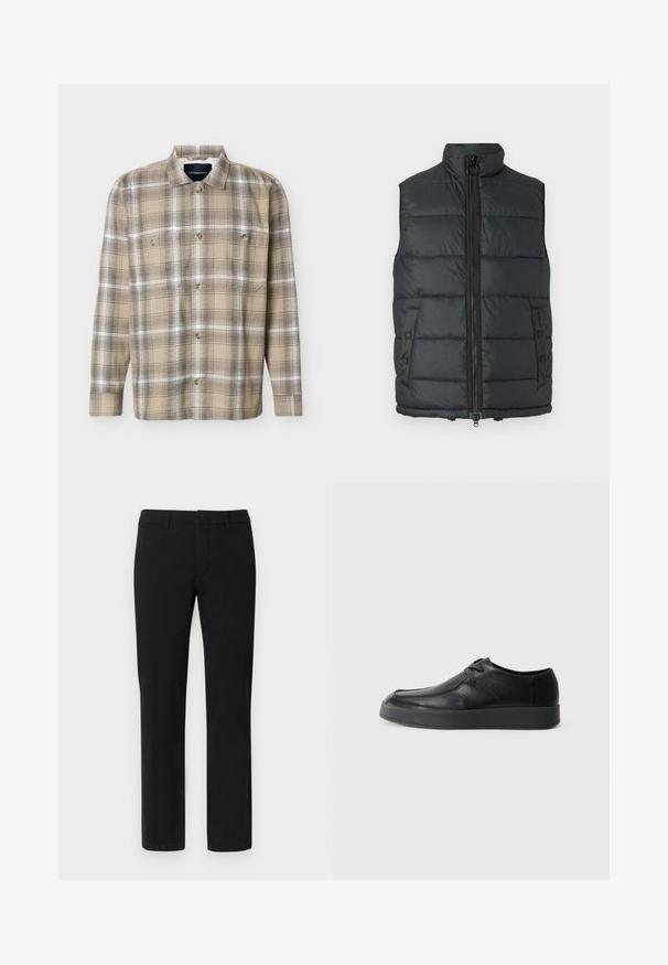 Veste matelassée gris foncé avec col montant, fermeture éclair complète à l'avant et poches à boutons-pression. Texture douce et finitions cousues sur toute la surface.; Chemise à manches longues à carreaux beige et marron, avec boutons sur le devant et deux poches poitrine, présentée sur un fond blanc.; Chinos noirs à coupe droite, fabriqués en mélange de coton lisse, avec passants pour ceinture et fermeture avant par bouton.; Calvin Klein HYBRID CUP WALLABEE - Derbies & Richelieus - triple black