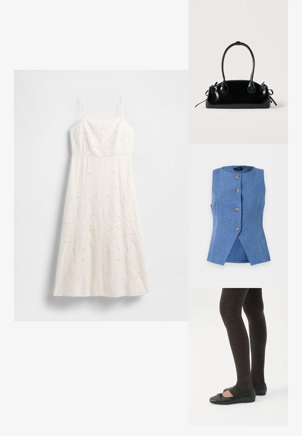 Gilet bleu sans manches avec encolure ronde, quatre boutons devant et une légère fente à l'avant de l'ourlet, réalisé en tissu texturé.; Robe blanche longueur genou avec fines bretelles, broderies florales et détails découpés. Confectionnée dans un tissu léger avec une silhouette fluide.; Jambes portant des leggings côtelés foncés associés à des ballerines noires avec de petits détails en nœud sur fond blanc.; Petit sac à main noir brillant avec deux longues anses et des détails à cordon sur les côtés sur un fond clair uni.
