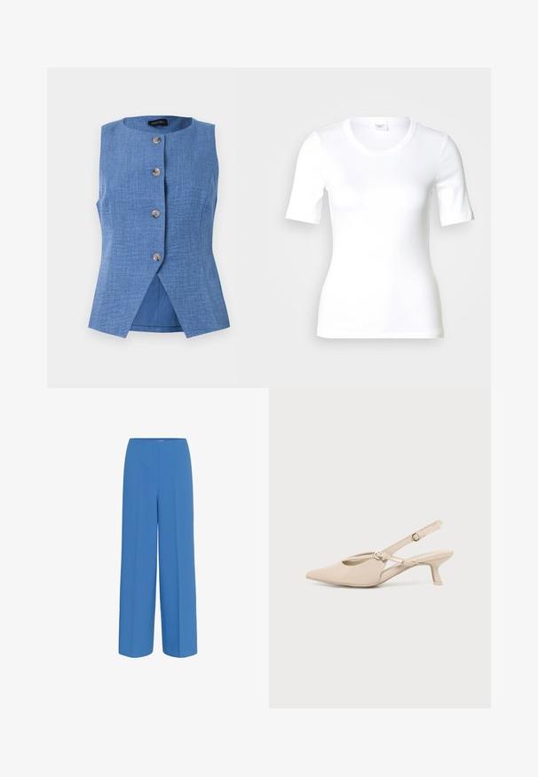 Chaleco azul sin mangas con escote redondo, cuatro botones delanteros y una ligera abertura frontal en el dobladillo, hecho de tejido texturizado.; Camiseta blanca de manga corta hecha de algodón liso, con escote redondo y forma ajustada. Diseño clásico, sin estampados ni adornos.; Pantalones de pierna ancha azules, confeccionados con un tejido suave, que presentan un pliegue frontal y una cinturilla plana sin cierre visible.; Zapato slingback beige con puntera puntiaguda, tacón bajo tipo kitten y tira ajustable en el tobillo sobre un fondo liso y claro.