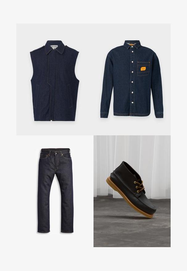 Denim vest, donkerblauw, mouwloos ontwerp, puntige kraag, verticale voornaad, twee voorzakken, geaccentueerd met contrasterend gele stiksel.; Donkerblauwe denim shirt met button-down kraag, oranje label op de borstzak en witte knopen. Zachte textuur met contrasterende stikseldetails.; Donkerblauwe denim jeans met rechte snit, vijf zakken, metalen hardware en contrasterende oranje stiksels. Glad oppervlak, geen zichtbare patronen.; Zwarte leren schoenen met een gladde afwerking, ronde neus, bruine veters en lichtbruine rubberen zolen. Logo gegraveerd aan de zijkant.