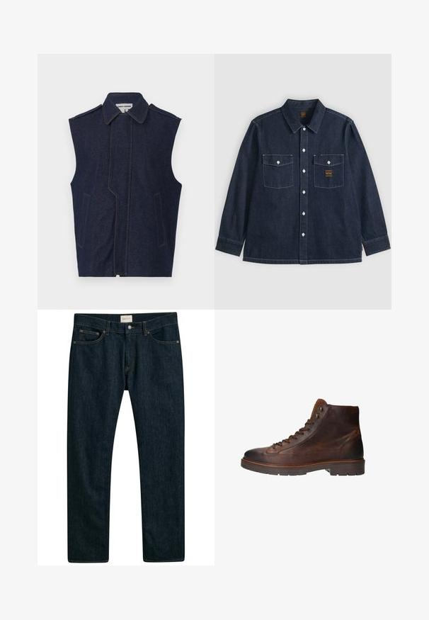Denim vest, donkerblauw, mouwloos ontwerp, puntige kraag, verticale voornaad, twee voorzakken, geaccentueerd met contrasterend gele stiksel.; Donkerblauw denim overhemd met lange mouwen, knoopsluiting aan de voorkant, twee borstzakken met knoopklepjes en zichtbare witte stiksels.; Donkerblauwe denim jeans met een recht model, vijf zakken en contrasterende stiksels op de naden. Gladde stofstructuur.; Bruine leren hoge laarzen hebben een smoothe textuur, een ronde neus, een vetersluiting en metalen oogjes, met een contrasterende bruine rubberen zool.