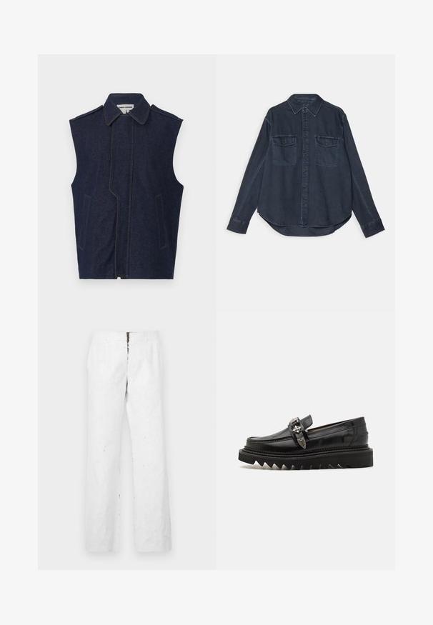 Denim vest, tume sinine, ilma varrukateta disain, terav krae, vertikaalne esiseam, kaks esikot, rõhutatud kontrastse kollase õmblusega.; Tume sinine denimi särk nuppe taha, terava kraega, kahe rinnakotiga ja pikkade varrukatega, millel on nupuga mansetid.; Valged, laiad püksid tekstureeritud pinnaga. Omavad keskmise kõrgusega vööd ja esist siidist lukku metallklamber.; Mustad musta nahast loafers hõbedaste detailidega, tõstetud zigzag tallaga ja sujuva, ümarate joontega disain; sile tekstuur ja läikiv viimistlus.